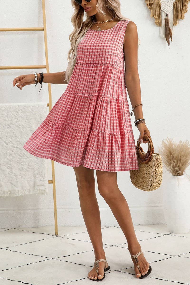 CWDSD8675_SLEEVELESS PLAID LOOSE FIT FLOWY DRESS