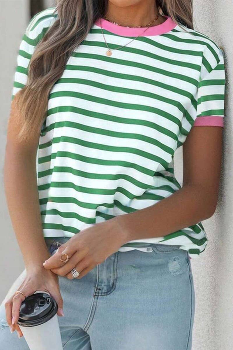 CWTTS1580_SUMMER STRIPED CREW NECK SHORT SLEEVE TOP