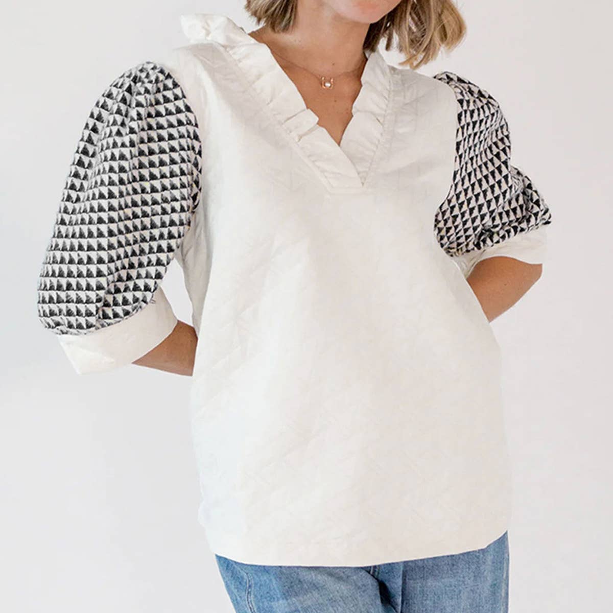 COMMUTER STYLE GEOMETRIC PRINT V-NECK CHIFFON