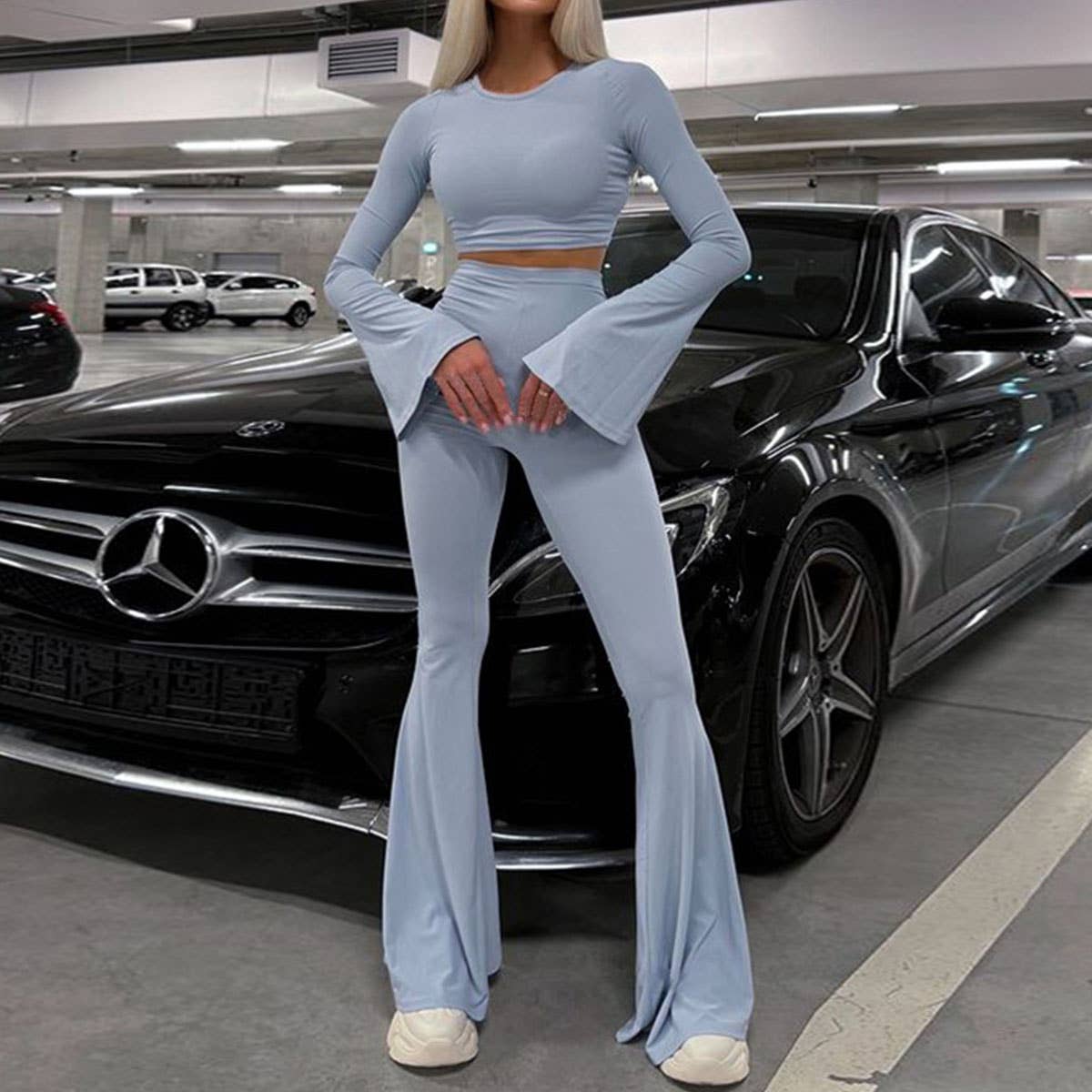 Bell Sleeve Crop Top & High Waist Flare Pants Set