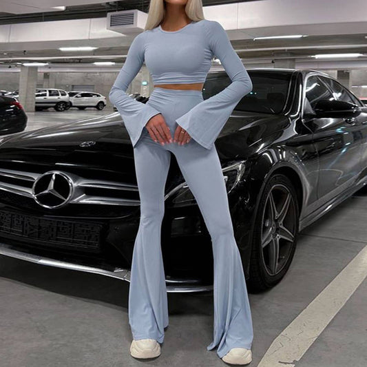 Bell Sleeve Crop Top & High Waist Flare Pants Set