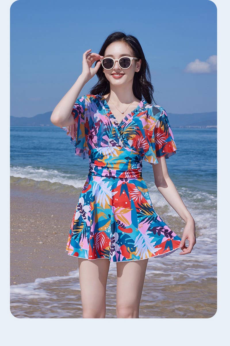 CWMW0857_MAPLE LEAF PRINT HIGH WAIST ONE-PIECE SWIMSUIT