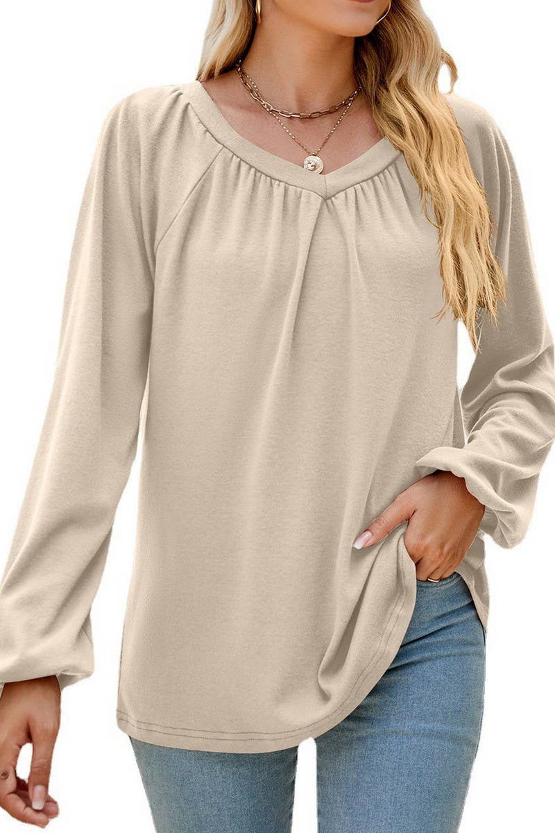 CWTBLL2413_SOLID COLOR LONGSLEEVE V-NECK PLEATED T-SHIRT TOP
