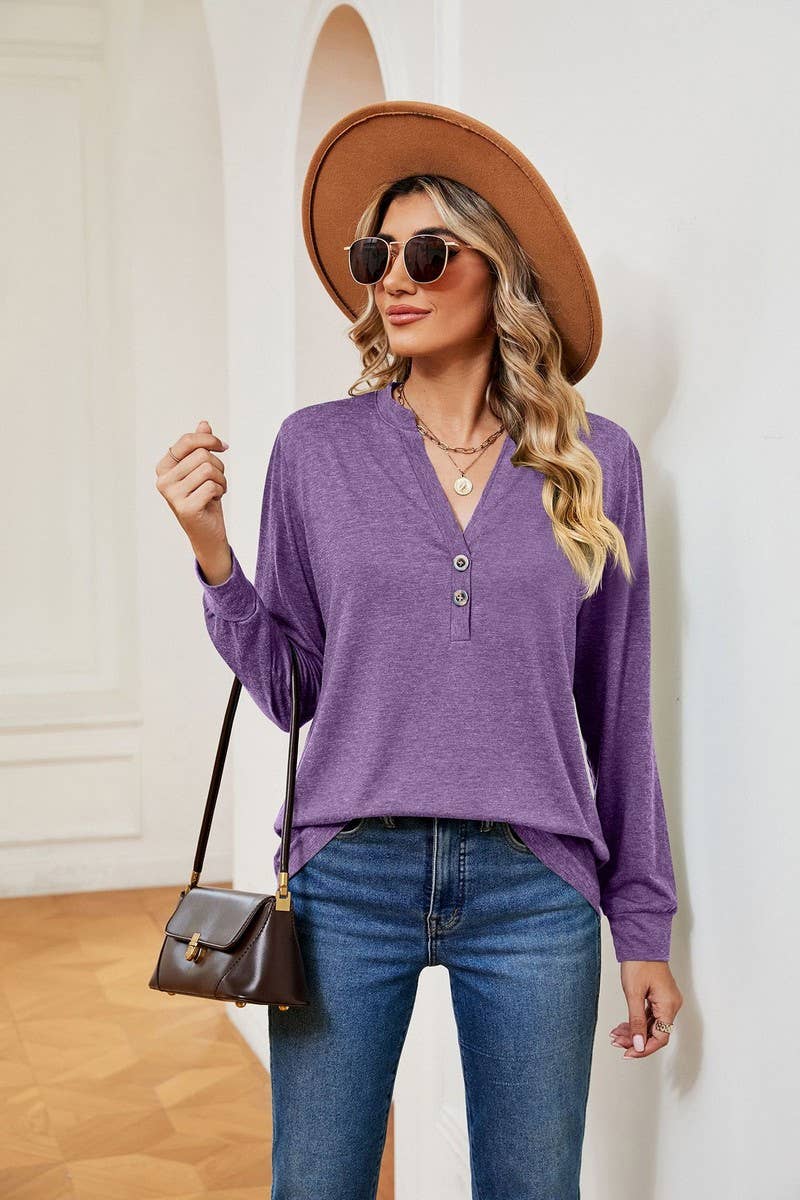 CWTBLL2371_V-NECK BUTTON LONG SLEEVE LOOSE PULLOVER TOP