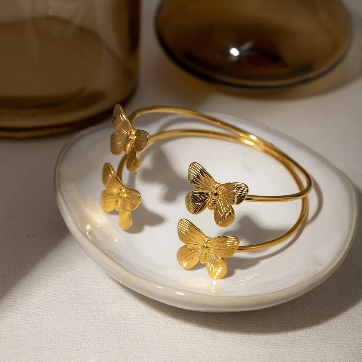 Stylish 18KGold Double Round Butterfly Open Bangle_CWAJE4716