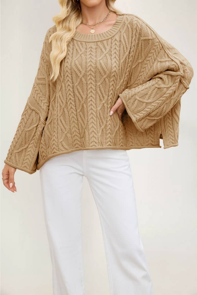 CWOSWL7016_ROUND NECK SHORT CABLE KNIT LOOSE SWEATER