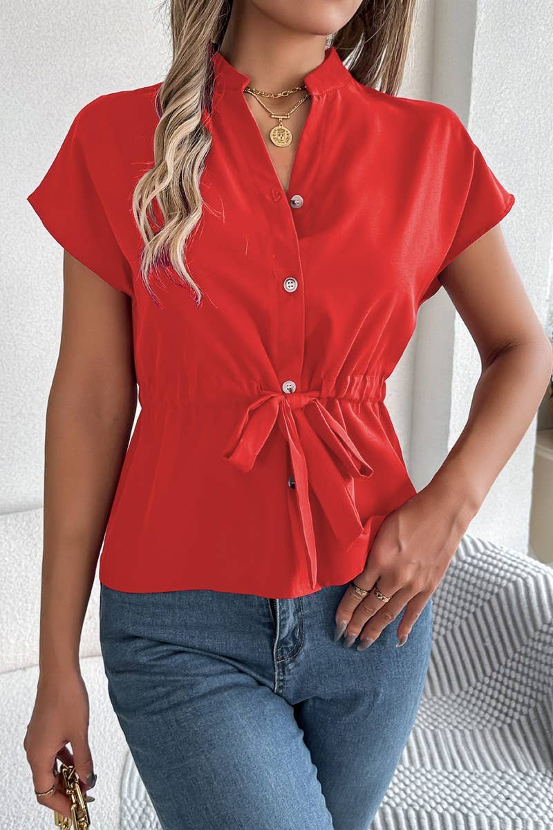 CWTBLS02501_2025 WOMEN V NECK SHORT SLEEVE CHIFFON BLOUSE