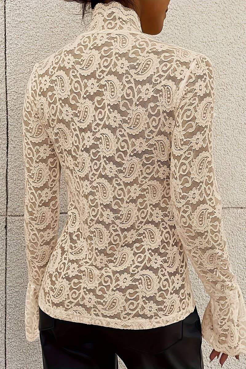 CWTBLL3464_HALF TURTLENECK LACE TRUMPET SLEEVE TOP