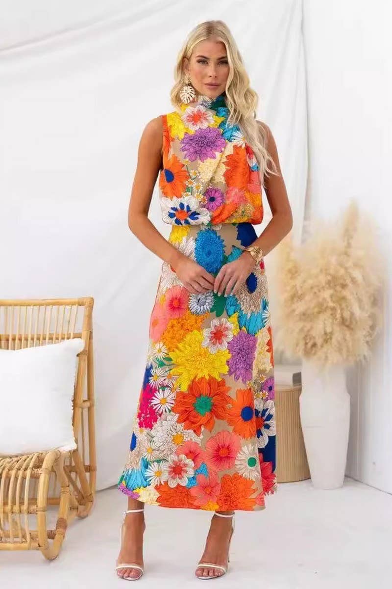 CWDHL0564_PRINTED SLEEVELESS HALTERNECK MAXI DRESS