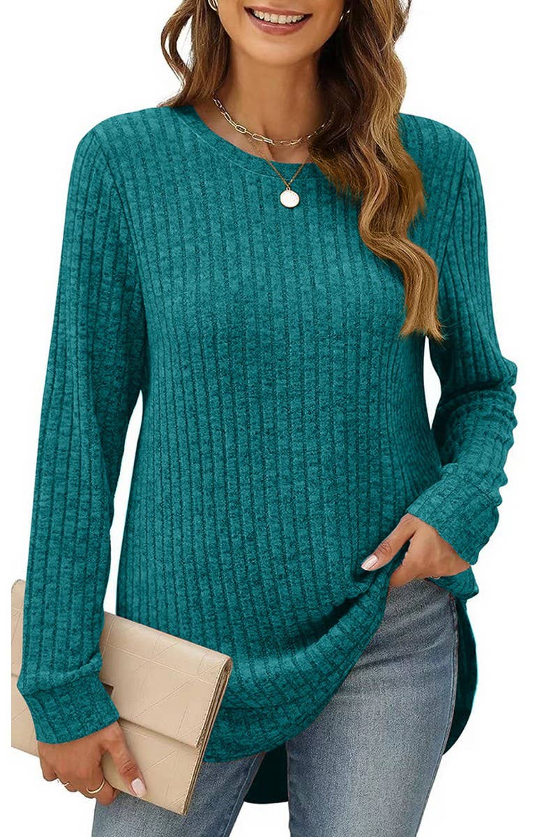 CWTBLL2383_ROUND NECK LONG SLEEVE SLIT SWALLOWTAIL TOP