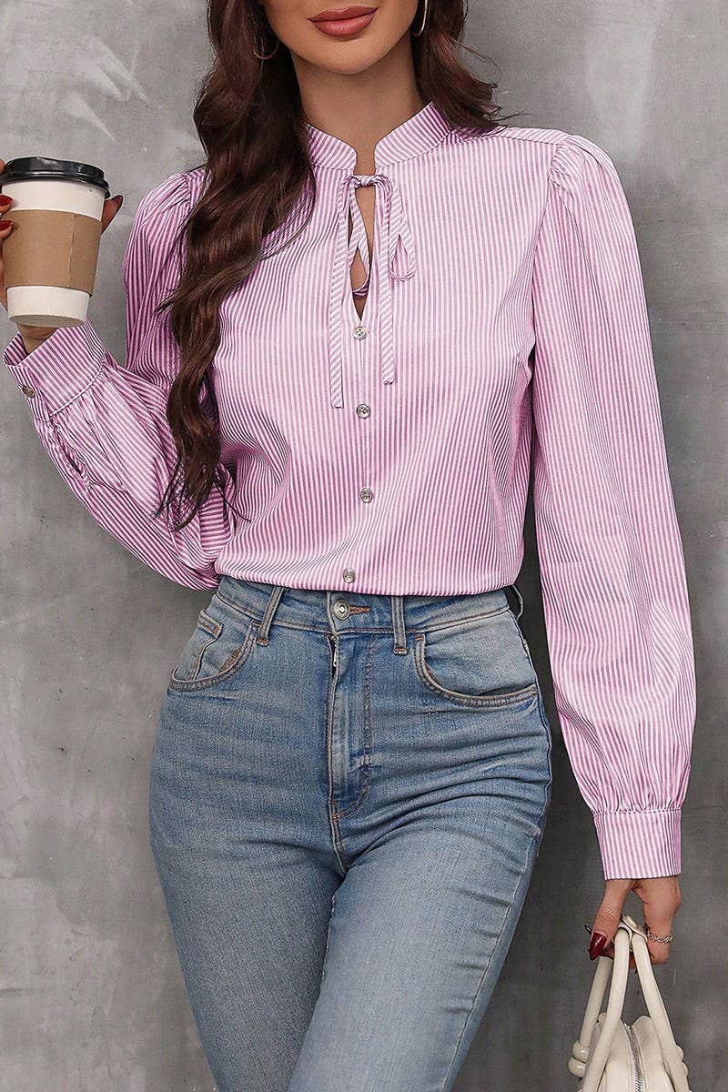 CWTBLL01287_HALF-OPEN COLLAR TIE LONG-SLEEVED STRIPED SHIRT