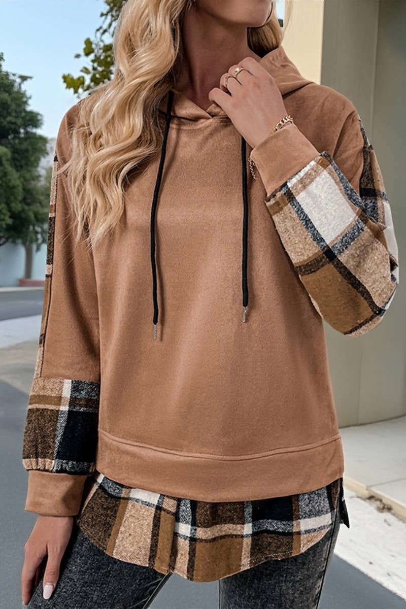 CWOHOL00587_PLAID PATCHWORK BRITISH STYLE HOODED SWEATSHIRT