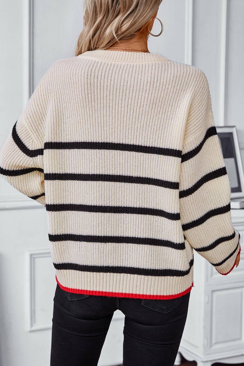 CWOSWL2804_CONTRAST STRIPE LONG SLEEVE PULLOVER KNIT SWEATER