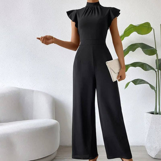 Broad-leg stand-up collar draped sleeves jumpsuit