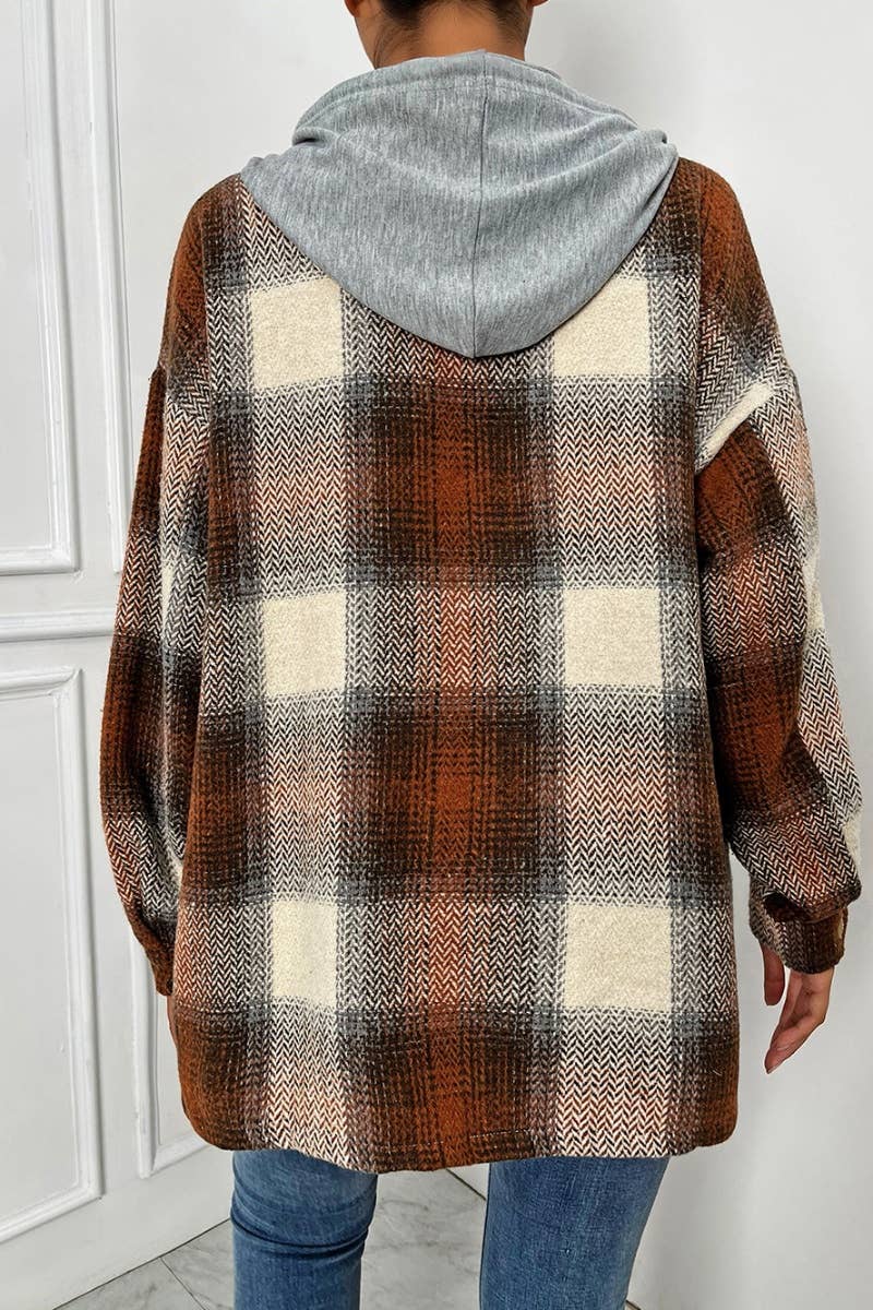 CWTSTL2091_HOODED SINGLE-BREASTED PLAID LONG-SLEEVED COAT