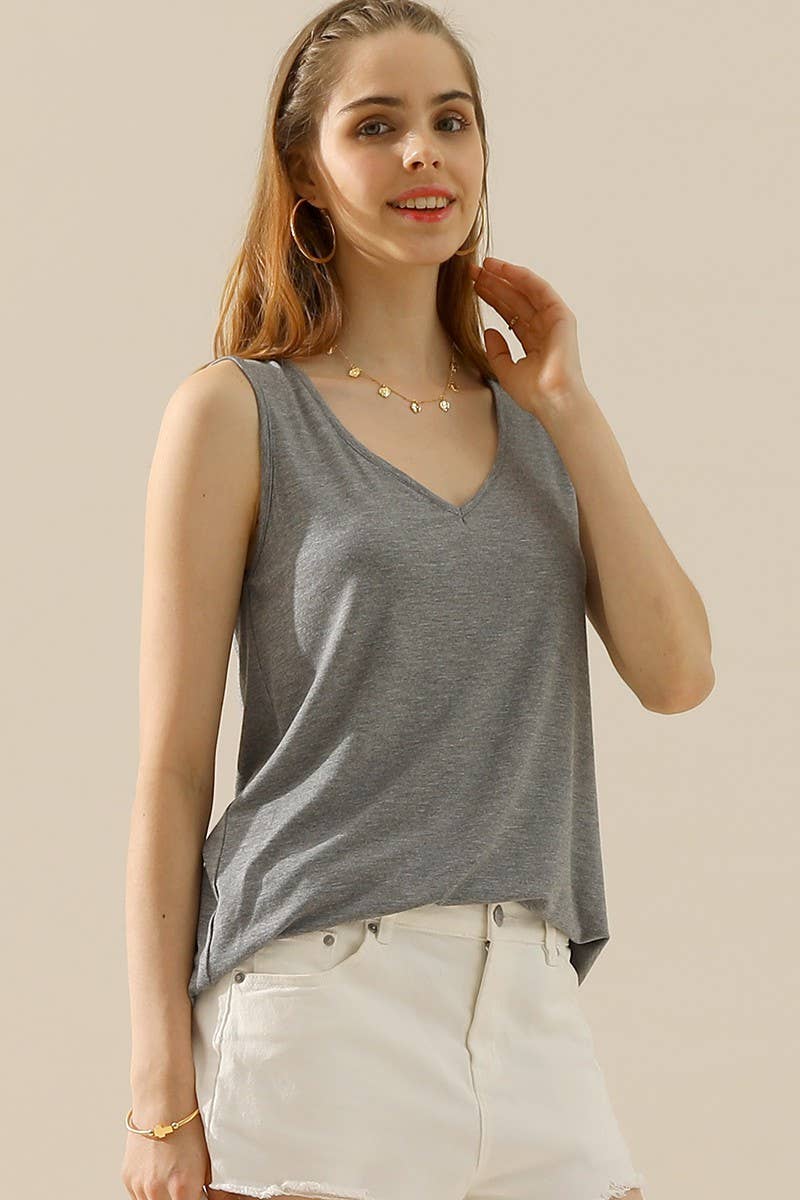 CWTTSL168_V NECK WIDE SLEEVELESS SOLID TEE SHIRTS TOPS