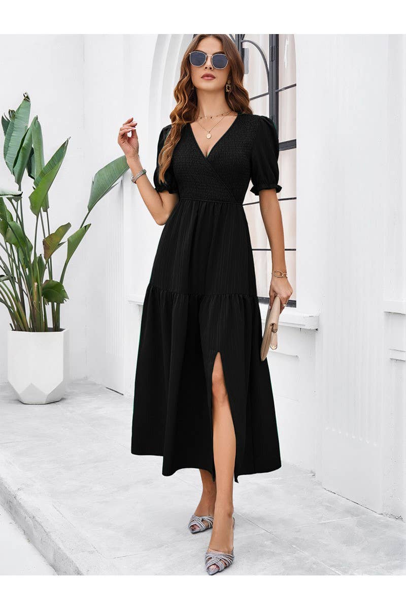 CWDMD2403_V-Neck Smocking Short Sleeve Split Midi Dress