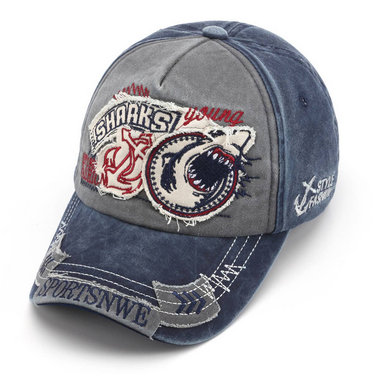 CWAH3228_NEW EMBROIDERED SHARK COWBOY BASEBALL CAP