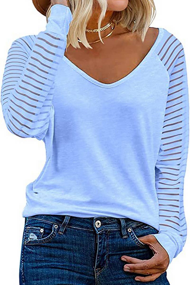CWTTL00995_SPRING AND AUTUMN STRIPED V-NECK TOP