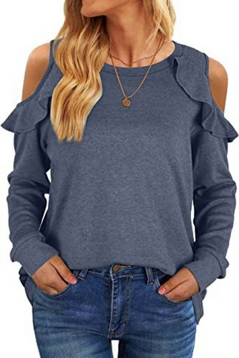 CWTBLL2671_ROUND NECK OFF-SHOULDER RUFFLED LOOSE TOP