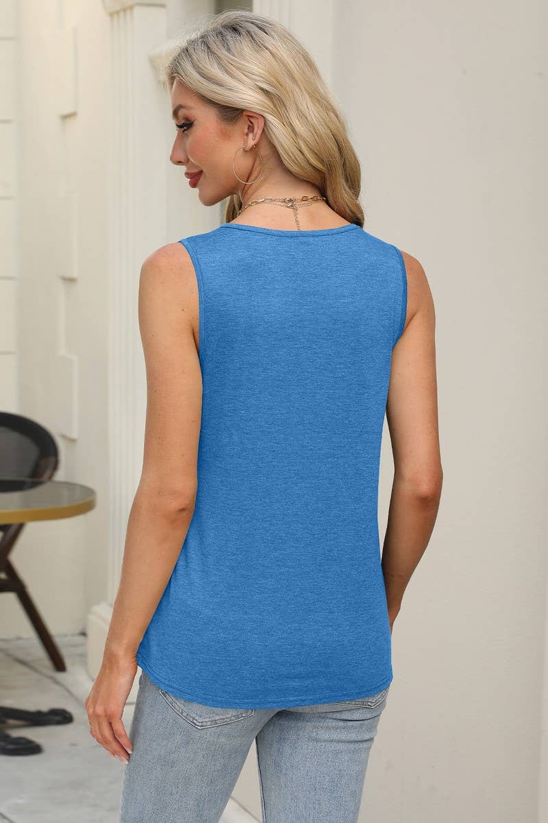 CWTBLSL0668_SOLID COLOR U-NECK PLEATED VEST T-SHIRT TOP