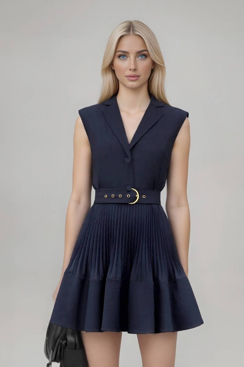 CWDSD8858_SLEEVELESS COLLARED RUCHED SOLID MINI DRESS