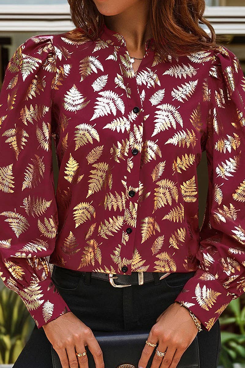 CWTBLL3568_SPRING AND AUTUMN FLORAL GOLD STAMPING SHIRT