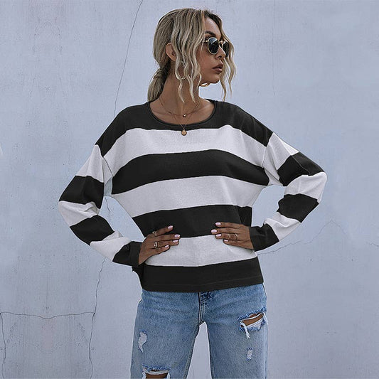 CREW-NECK COLOR STRIPED FASHION KNIT SWEATER