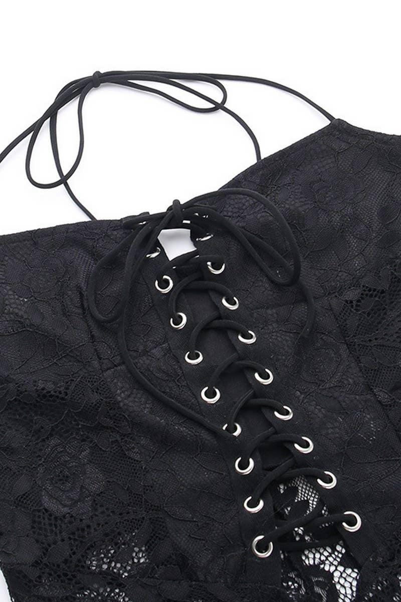 CWSJS1291_SEXY LACE HOLLOW HALTER NECK STRAP TOP JUMPSUIT