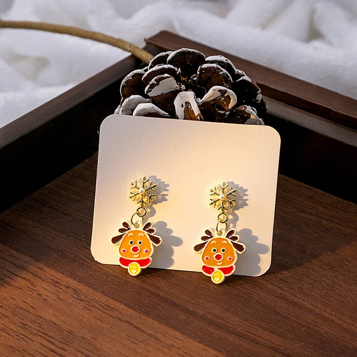 CHRISTMAS ELK BELL BOW ASYMMETRICAL EARRINGS