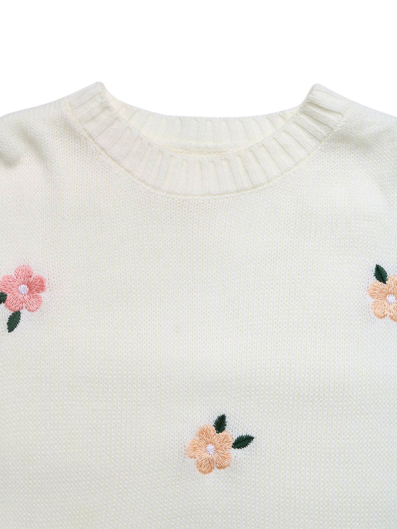 Flower-embroidered round-neck pullover sweater