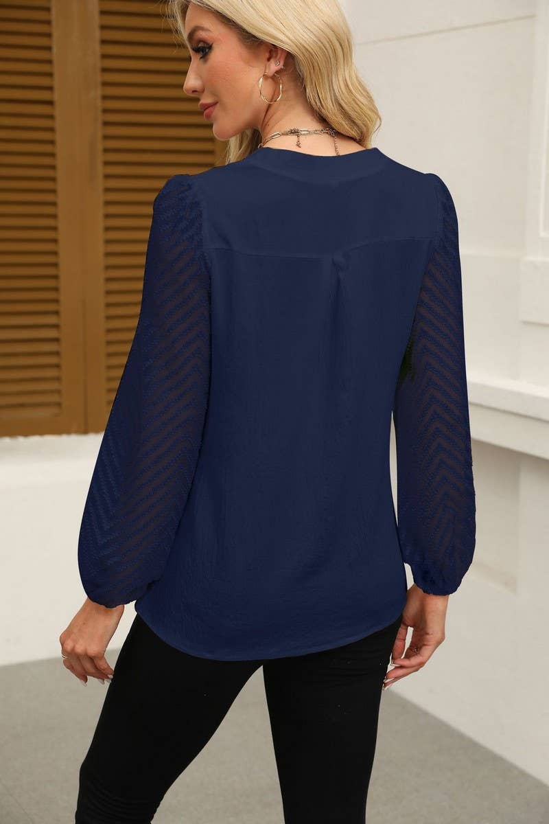 CWTBLL3999_SOLID V-NECK LACE PANEL CHIFFON BLOUSE