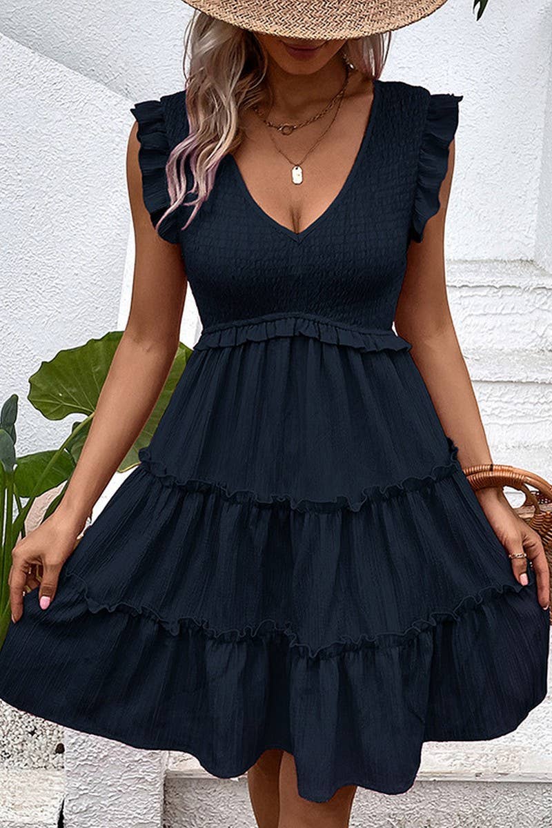 CWDSD7818_TEXTURED CASUAL SLEEVELESS PATCHWORK DRESS