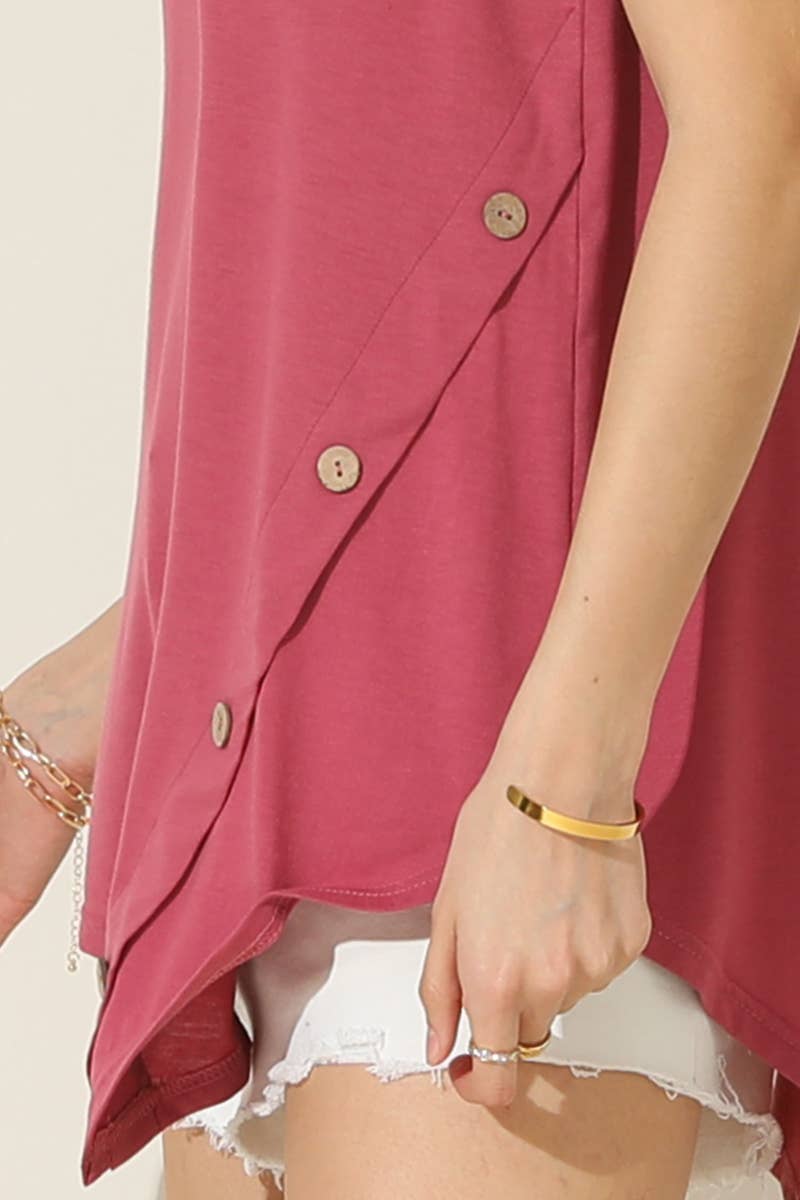 CWTTSL199_U NECK BOTTON SIDE BUTTON UP SLEEVELESS TOP