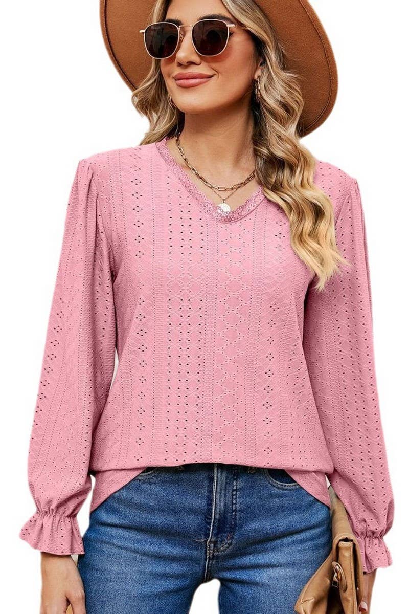 CWTBLL2394_V-NECK LONG-SLEEVED HOLLOW LACE PATCHWORK TOP