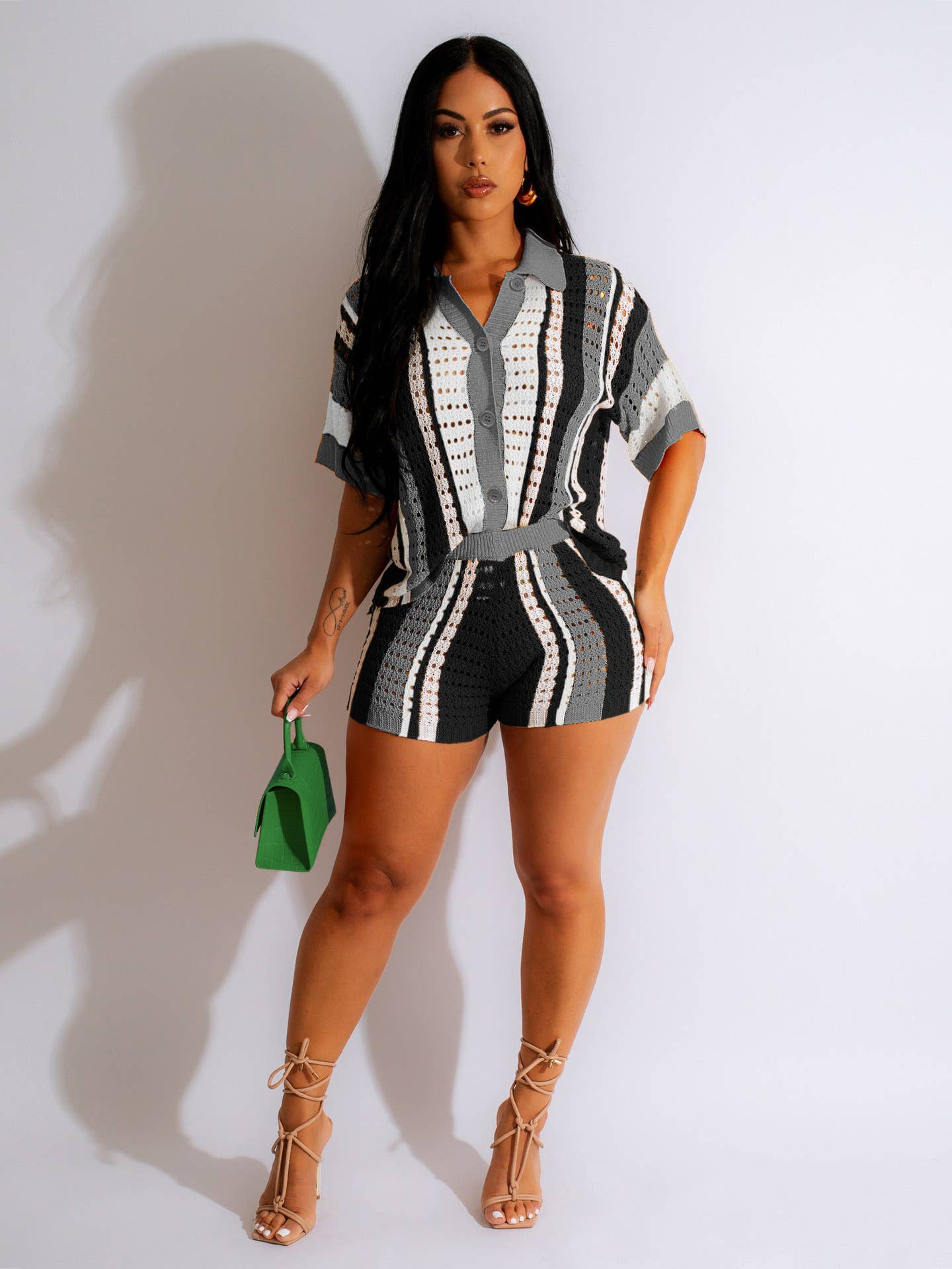 CUT-OUT SEE-THROUGH LAPEL KNIT SHORTS SET