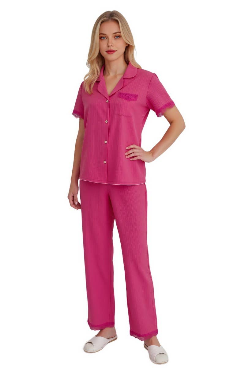 CWSPJ0427_WAVY STRIPE LACE TRIM SHORT SLEEVES PAJAMA SET