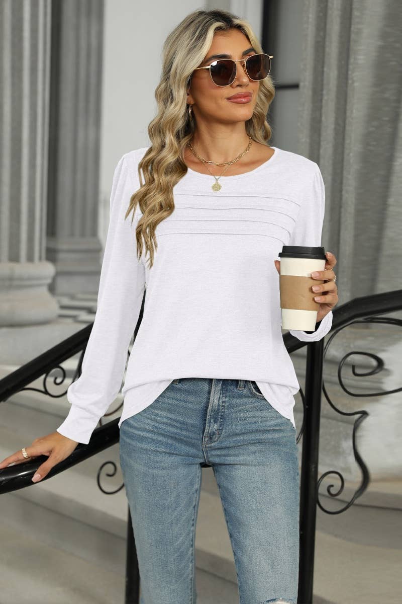 CWTBLL2937_FALL CREW-NECK PLEATED LONG-SLEEVED TOP