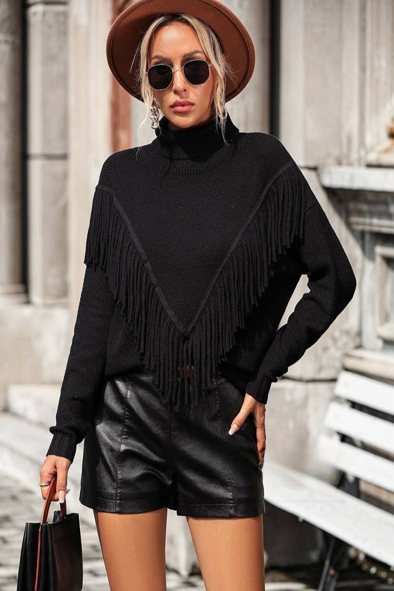 CWOSWL604 Turtle neck Fringe Tassel Pullover Sweater