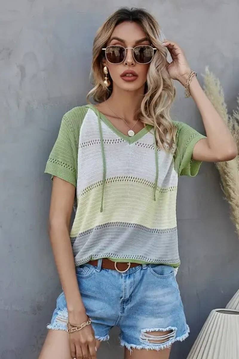 CWTTS1304_SPRING AND SUMMER STRIPED HOODED T-SHIRT