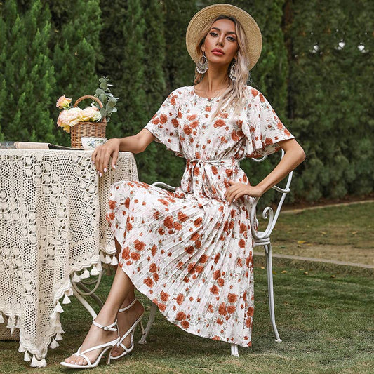 FLORAL CREW NECK LACE-UP PLEATED DRESS
