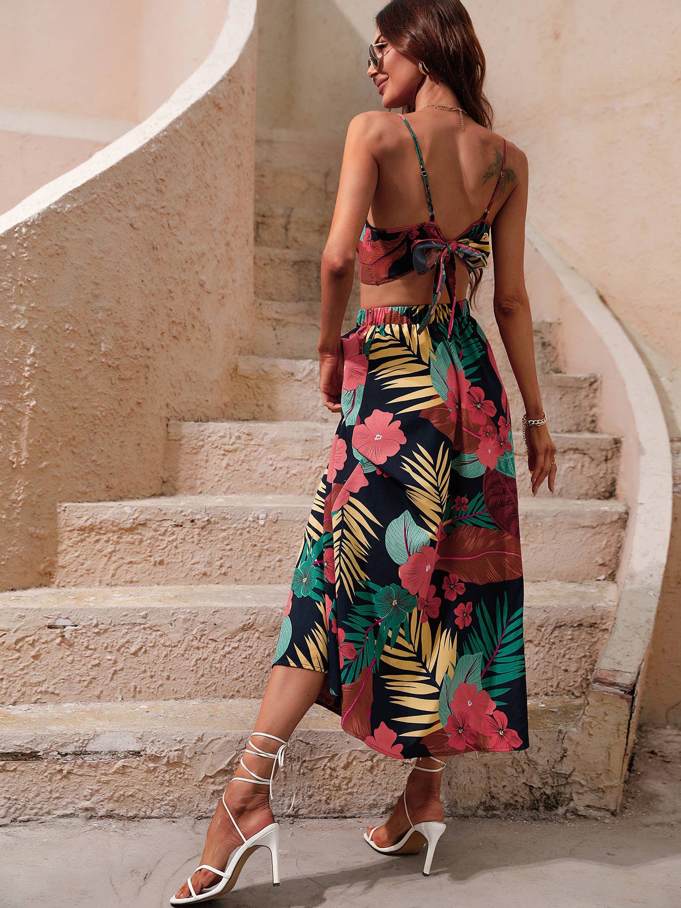 Casual patchwork printed halter dress two-piece