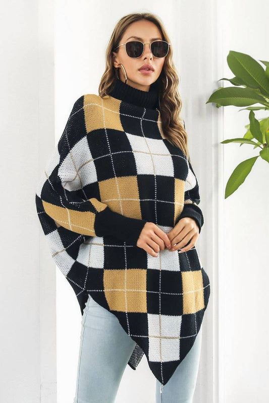 CWOSWL4078_PLAID JACQUARD CAPE MIDI HIGH NECK KNIT TOP