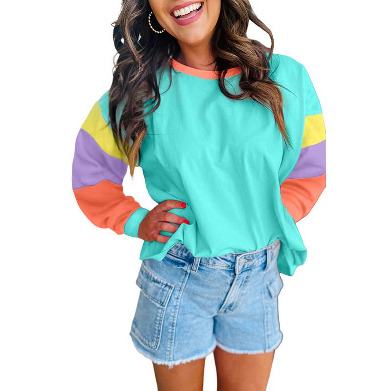 CASUAL MULTI-COLOR PATCHWORK LOOSE PULLOVER SHIRT
