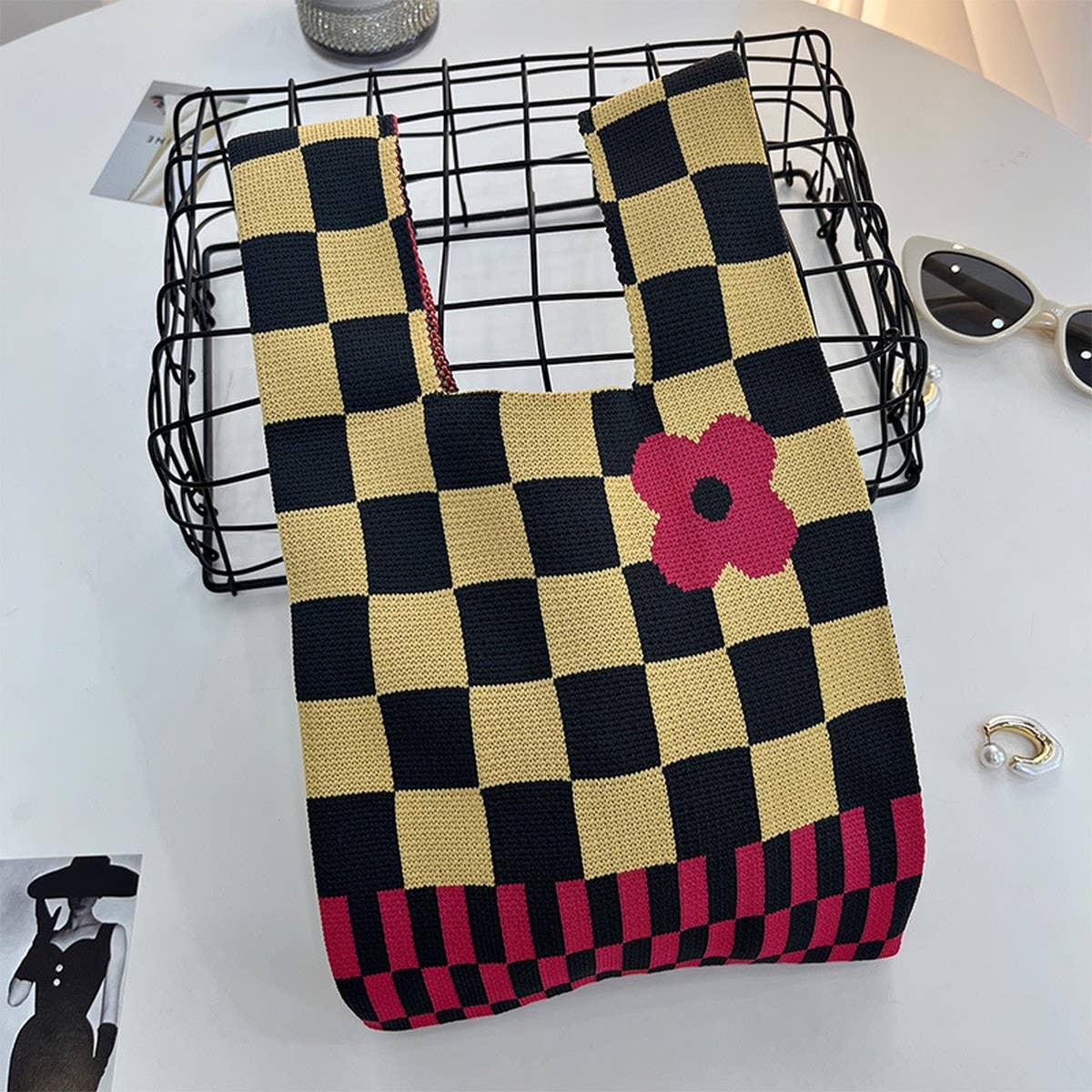 CUAB00622_CHECKERED KNIT SHOULDER BAG WOMEN WOVEN PURSE