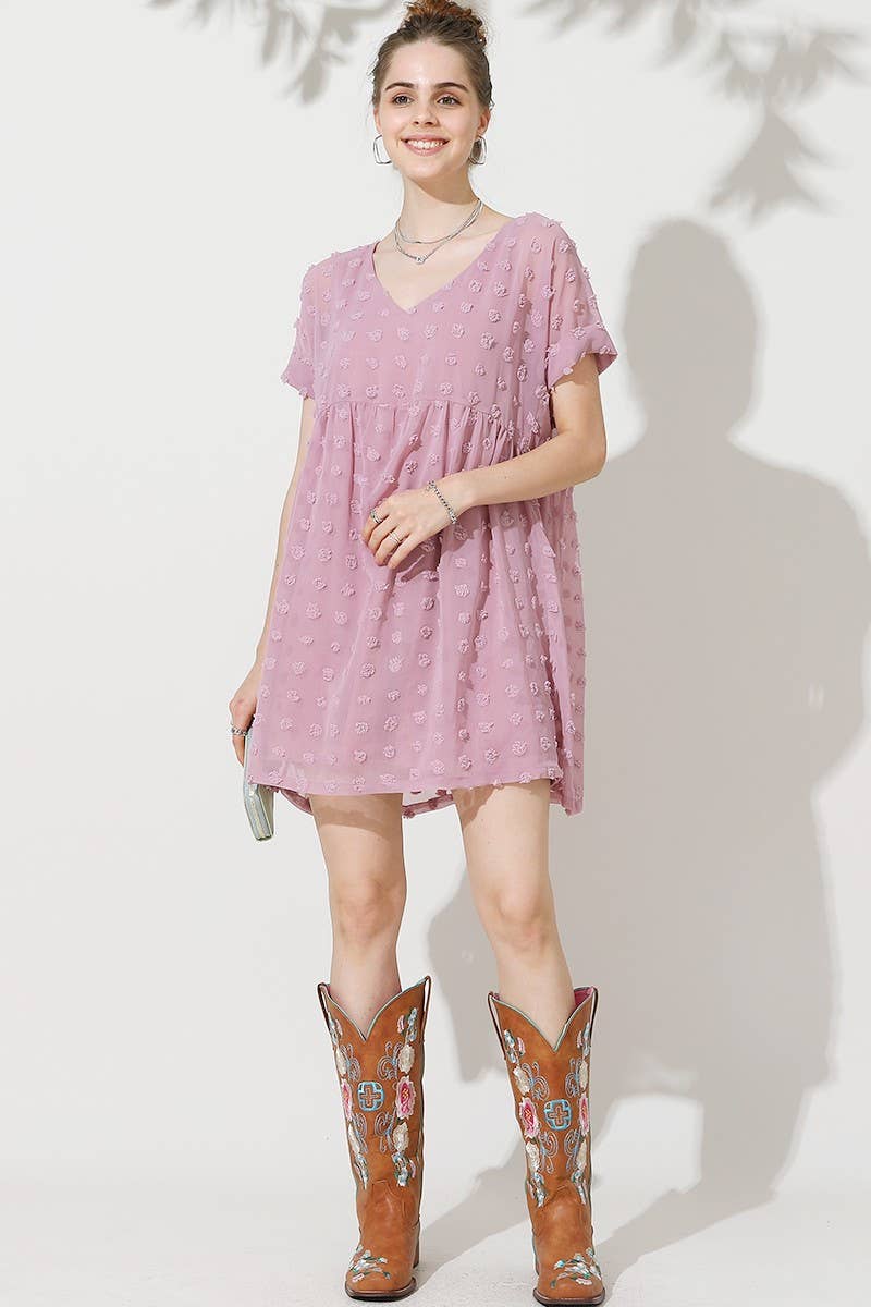 CWDSD10409_V NECK DOT CHIFFON SHORT LOVELY DRESS
