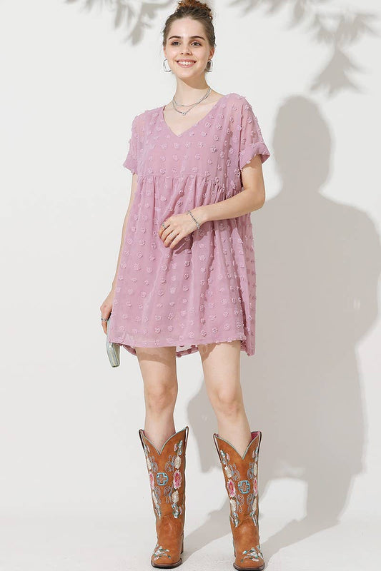 CWDSD10409_V NECK DOT CHIFFON SHORT LOVELY DRESS