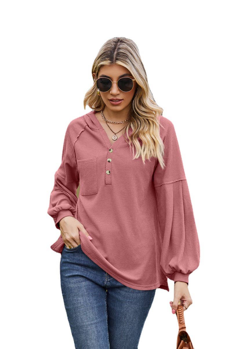CWOHOL1095_NEW HOODED BUTTON LOOSE LONG-SLEEVED SWEATSHIRT