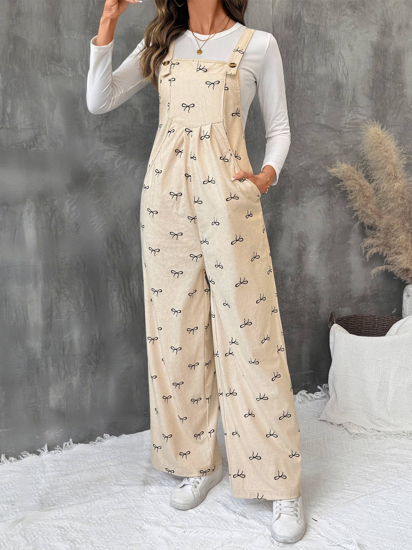 Bow-printed wide-leg one-piece overalls
