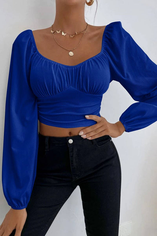 CWTBLL2226_SQUARE NECK LANTERN SLEEVES SHORT SOLID COLOR TOP